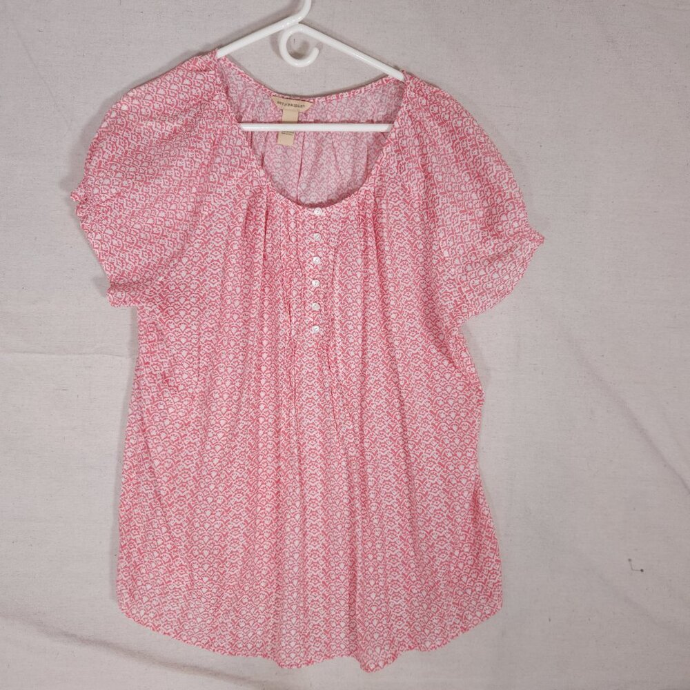 Bit & Bridle Womens 1X Pink Floral Boho Peasant Blouse Rayon Blend Cottagecore